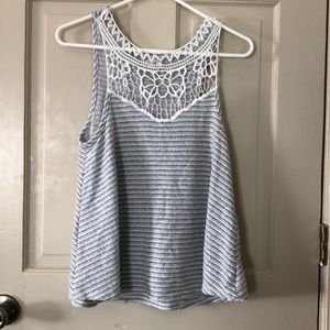 Gray and white stripped tank with crochet detail